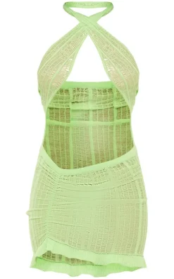 Pastel Green Laddering Knit Front Tie Ruched Mini Dress