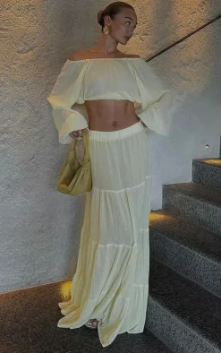 Sale PrettyLittleThing Pastel Yellow Cheesecloth Floaty Tiered Maxi Skirt Cream