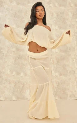 Sale PrettyLittleThing Pastel Yellow Cheesecloth Floaty Tiered Maxi Skirt Cream
