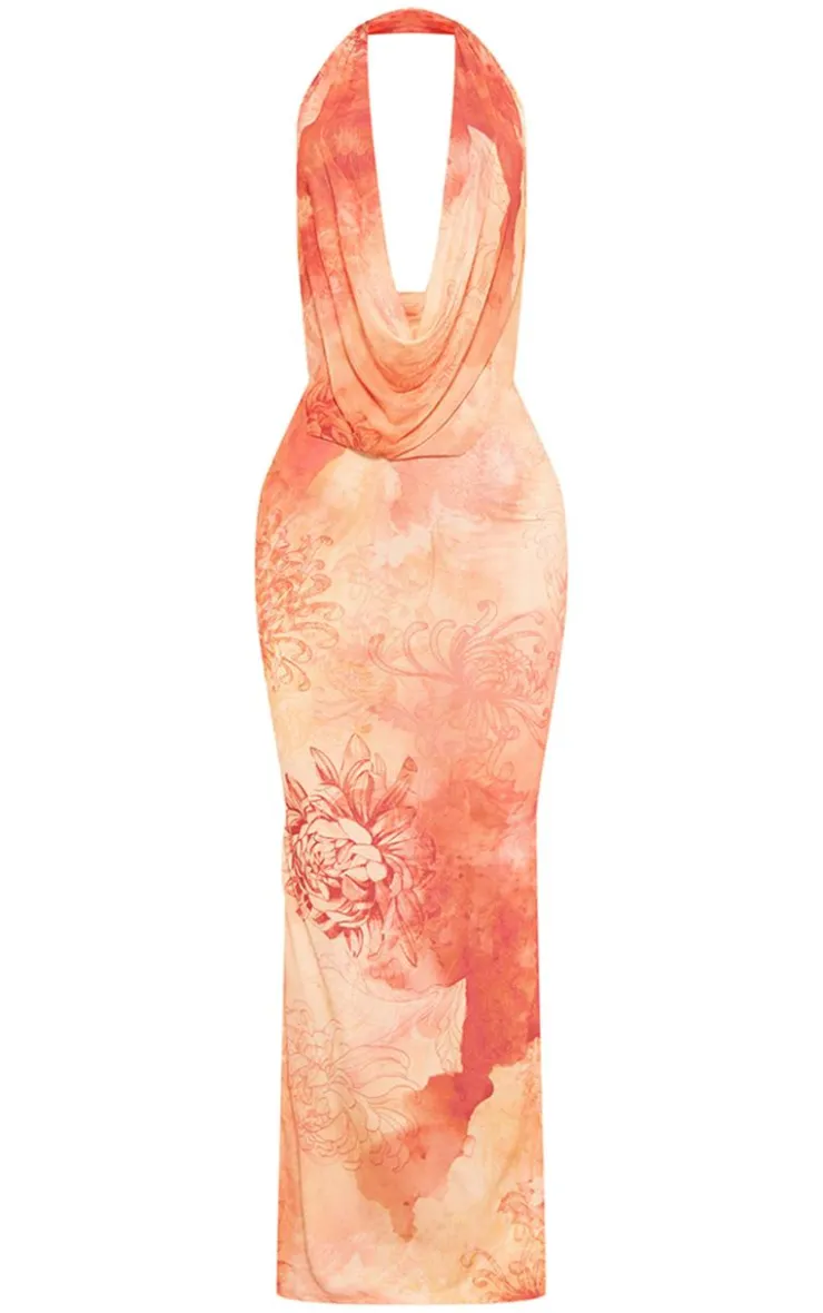 Blurred Mesh Extreme Cowl Neck Maxi Dress-PrettyLittleThing Online
