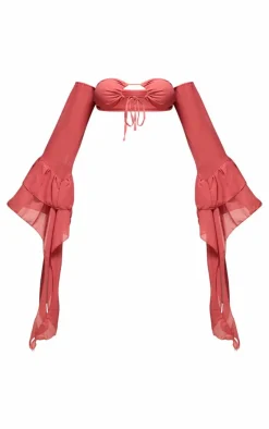 Hot PrettyLittleThing Chiffon Bardot Tie Detail Long Sleeve Crop Top Peach