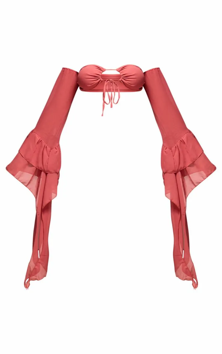 Hot PrettyLittleThing Chiffon Bardot Tie Detail Long Sleeve Crop Top Peach