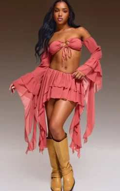 Online PrettyLittleThing Chiffon Ruffle Detail Mini Skirt Peach