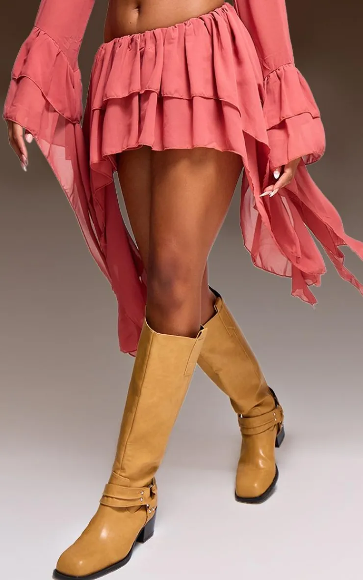 Online PrettyLittleThing Chiffon Ruffle Detail Mini Skirt Peach