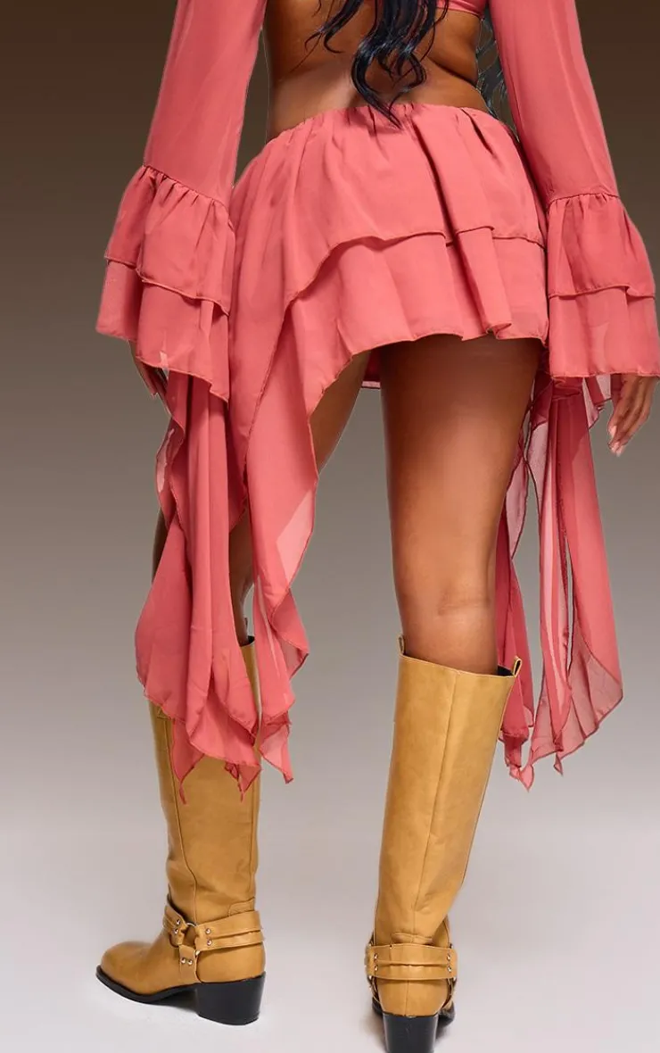 Online PrettyLittleThing Chiffon Ruffle Detail Mini Skirt Peach