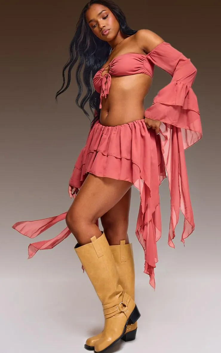 Online PrettyLittleThing Chiffon Ruffle Detail Mini Skirt Peach