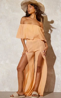 Peach Crepe Bardot Crop Beach Set