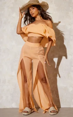 Peach Crepe Bardot Crop Beach Set