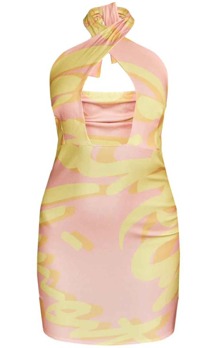 Graffiti Print Bengaline Halterneck Bodycon Dress-PrettyLittleThing Online