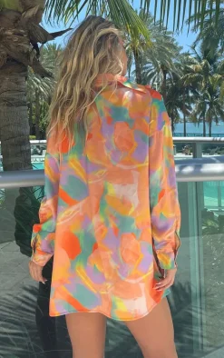 Peach Pastel Abstract Print Oversized Beach Shirt