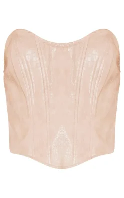 Clearance PrettyLittleThing Croc Faux Leather Boned Seam Detail Bandeau Corset Pebble