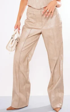 PrettyLittleThing Croc Faux Leather Front Pocket Wide Leg Pants Pebble