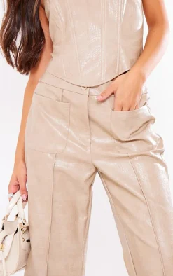 PrettyLittleThing Croc Faux Leather Front Pocket Wide Leg Pants Pebble