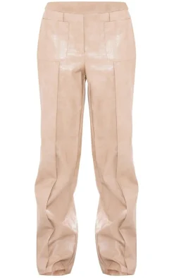 PrettyLittleThing Croc Faux Leather Front Pocket Wide Leg Pants Pebble
