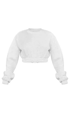 Hot PrettyLittleThing Petite Crop Elasticated Sweat Top Ash Grey
