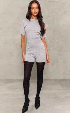 Discount PrettyLittleThing Petite Fine Knit Hot Pants Ash Grey