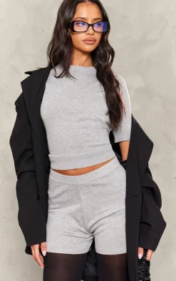 Discount PrettyLittleThing Petite Fine Knit Hot Pants Ash Grey