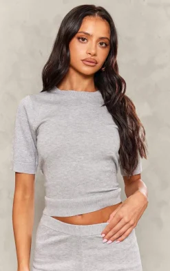 Sale PrettyLittleThing Petite Fine Knit Short Sleeve Top Ash Grey