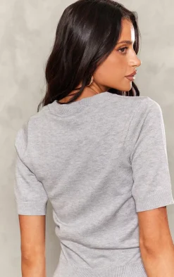 Sale PrettyLittleThing Petite Fine Knit Short Sleeve Top Ash Grey