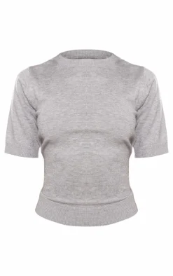 Sale PrettyLittleThing Petite Fine Knit Short Sleeve Top Ash Grey