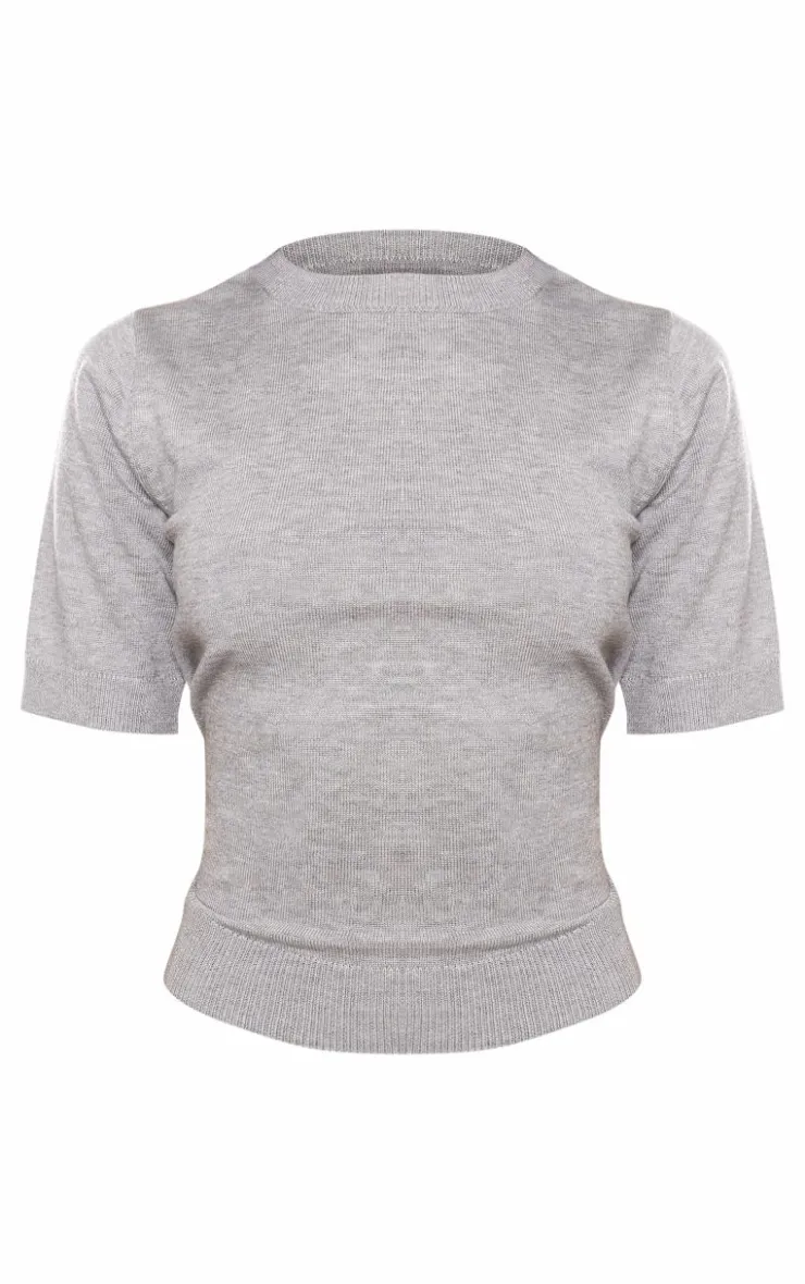 Sale PrettyLittleThing Petite Fine Knit Short Sleeve Top Ash Grey