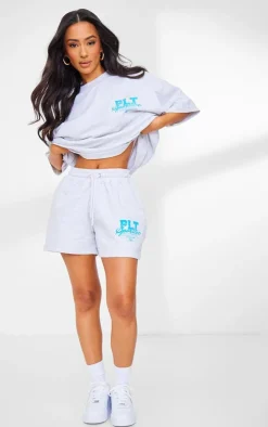 Sale PrettyLittleThing Petite Graphic Runner Shorts Ash Grey