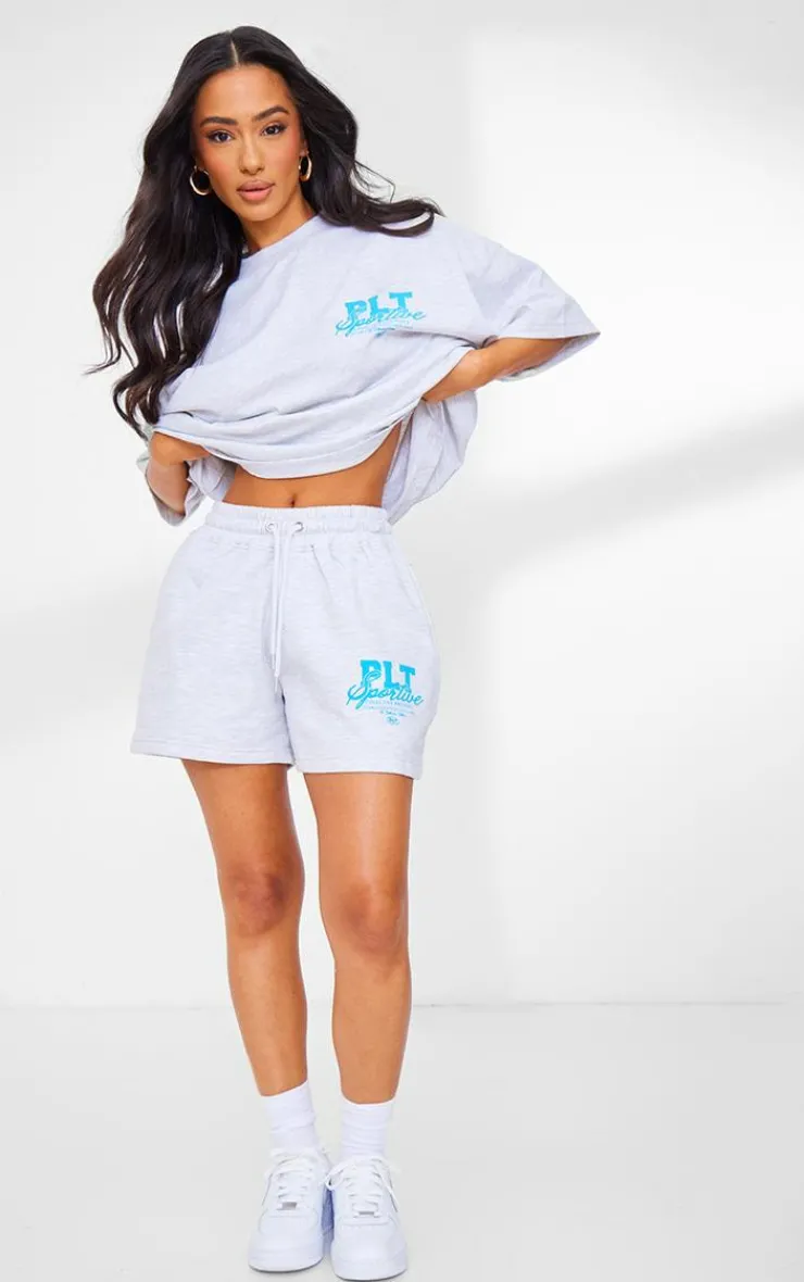 Sale PrettyLittleThing Petite Graphic Runner Shorts Ash Grey