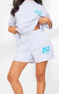 Sale PrettyLittleThing Petite Graphic Runner Shorts Ash Grey