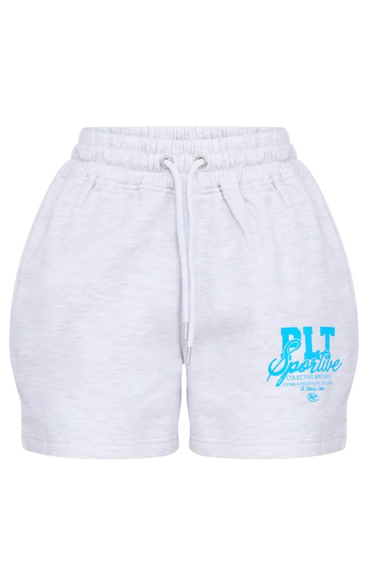 Sale PrettyLittleThing Petite Graphic Runner Shorts Ash Grey