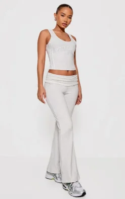 Clearance PrettyLittleThing Petite Jersey Foldover Flared Pants Ash Grey