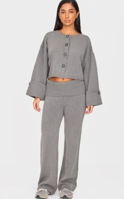 Best PrettyLittleThing Petite Knitted Fold Over Flare Pants Ash Grey
