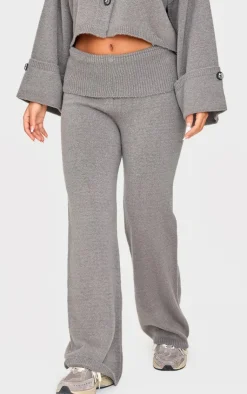 Best PrettyLittleThing Petite Knitted Fold Over Flare Pants Ash Grey