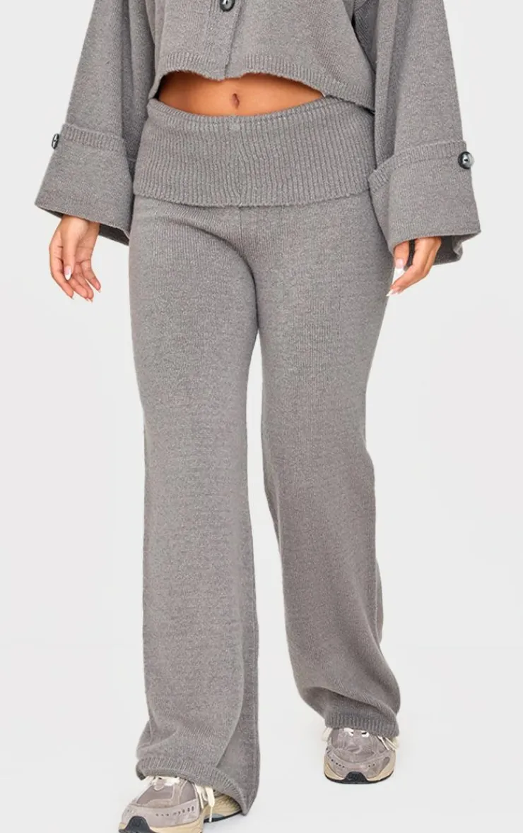 Best PrettyLittleThing Petite Knitted Fold Over Flare Pants Ash Grey