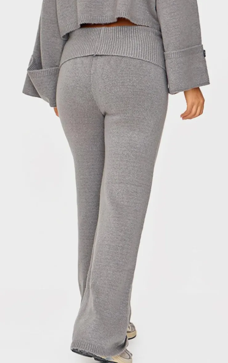 Best PrettyLittleThing Petite Knitted Fold Over Flare Pants Ash Grey