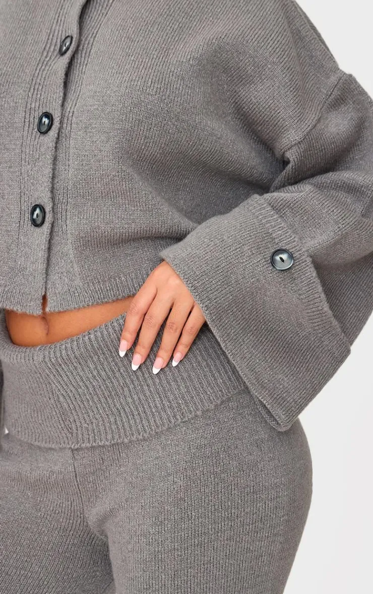 Best PrettyLittleThing Petite Knitted Fold Over Flare Pants Ash Grey