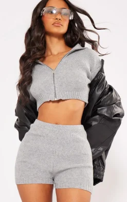 Clearance PrettyLittleThing Petite Knitted Mini Shorts Ash Grey