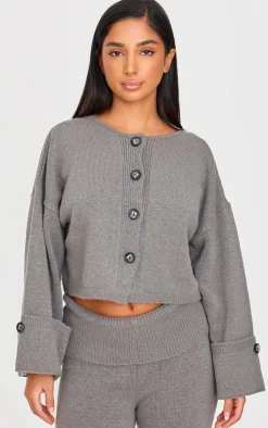 Clearance PrettyLittleThing Petite Knitted Turn Up Sleeve Cardigan Ash Grey