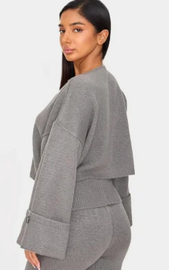 Clearance PrettyLittleThing Petite Knitted Turn Up Sleeve Cardigan Ash Grey