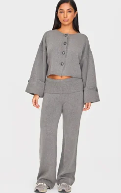 Clearance PrettyLittleThing Petite Knitted Turn Up Sleeve Cardigan Ash Grey