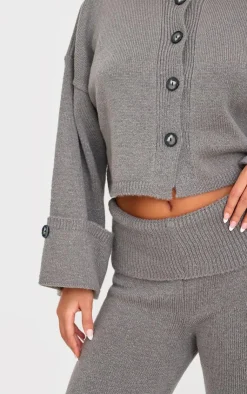 Clearance PrettyLittleThing Petite Knitted Turn Up Sleeve Cardigan Ash Grey