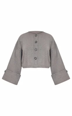 Clearance PrettyLittleThing Petite Knitted Turn Up Sleeve Cardigan Ash Grey