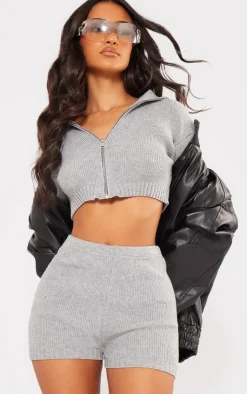 Discount PrettyLittleThing Petite Knitted Zip Up Cardigan Ash Grey
