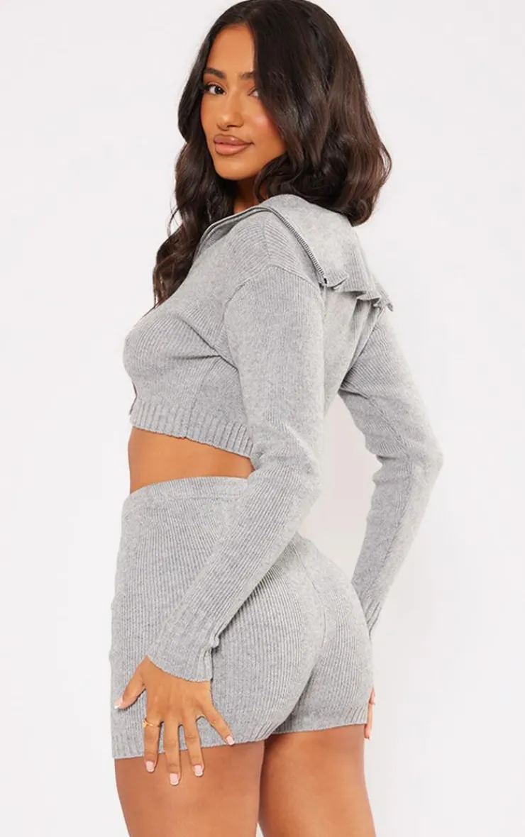 Discount PrettyLittleThing Petite Knitted Zip Up Cardigan Ash Grey