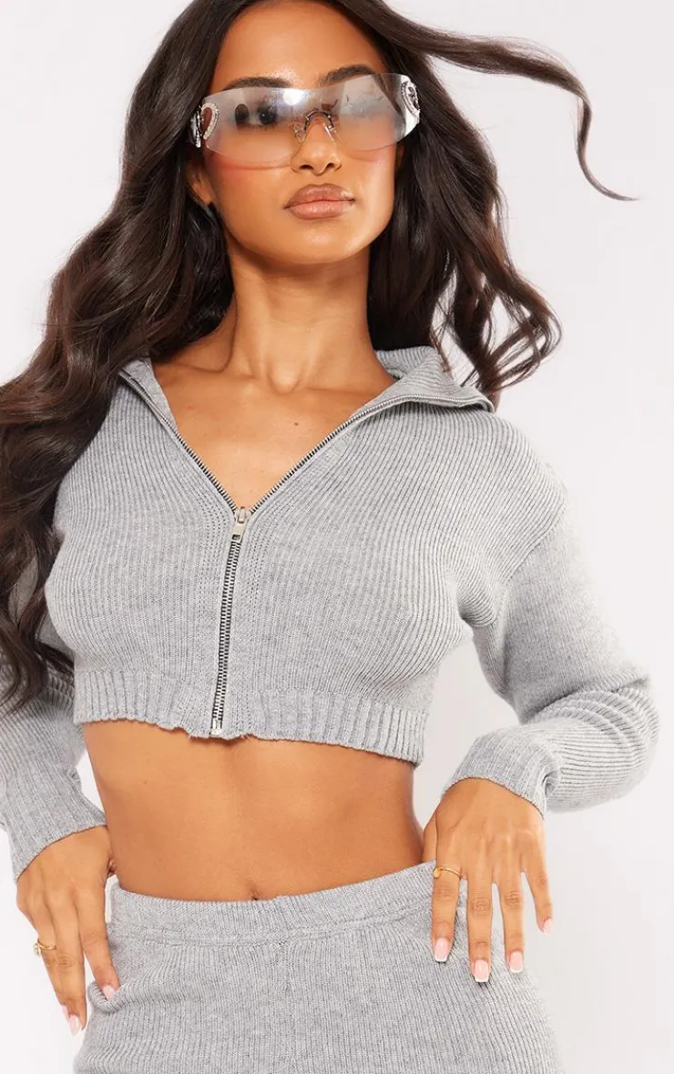 Discount PrettyLittleThing Petite Knitted Zip Up Cardigan Ash Grey