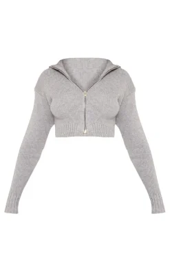 Discount PrettyLittleThing Petite Knitted Zip Up Cardigan Ash Grey