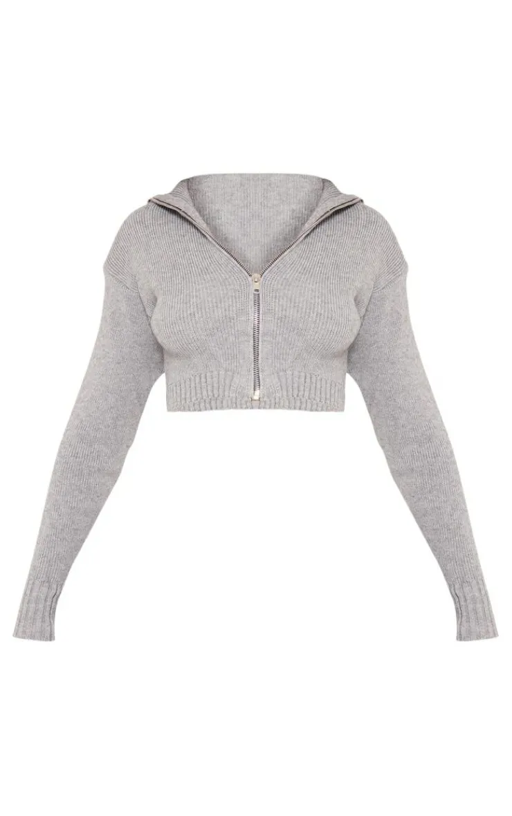 Discount PrettyLittleThing Petite Knitted Zip Up Cardigan Ash Grey