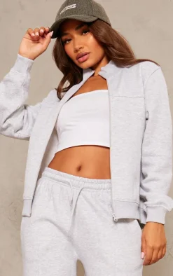 Online PrettyLittleThing Petite Seam Detail Zip Through Track Top Ash Grey