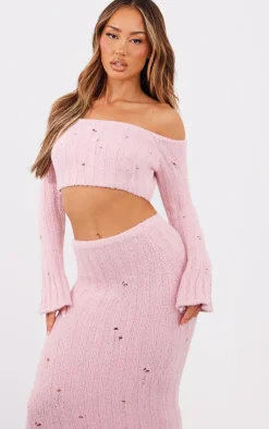 New PrettyLittleThing Petite Distressed Rib Knit Bardot Top Baby Pink