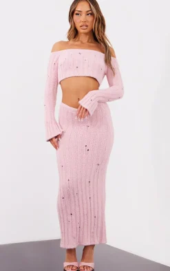 New PrettyLittleThing Petite Distressed Rib Knit Bardot Top Baby Pink