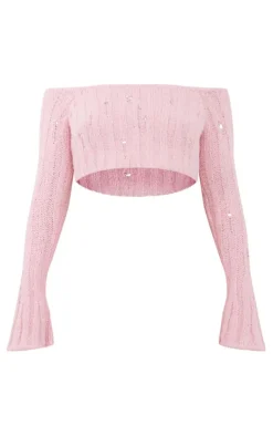 New PrettyLittleThing Petite Distressed Rib Knit Bardot Top Baby Pink